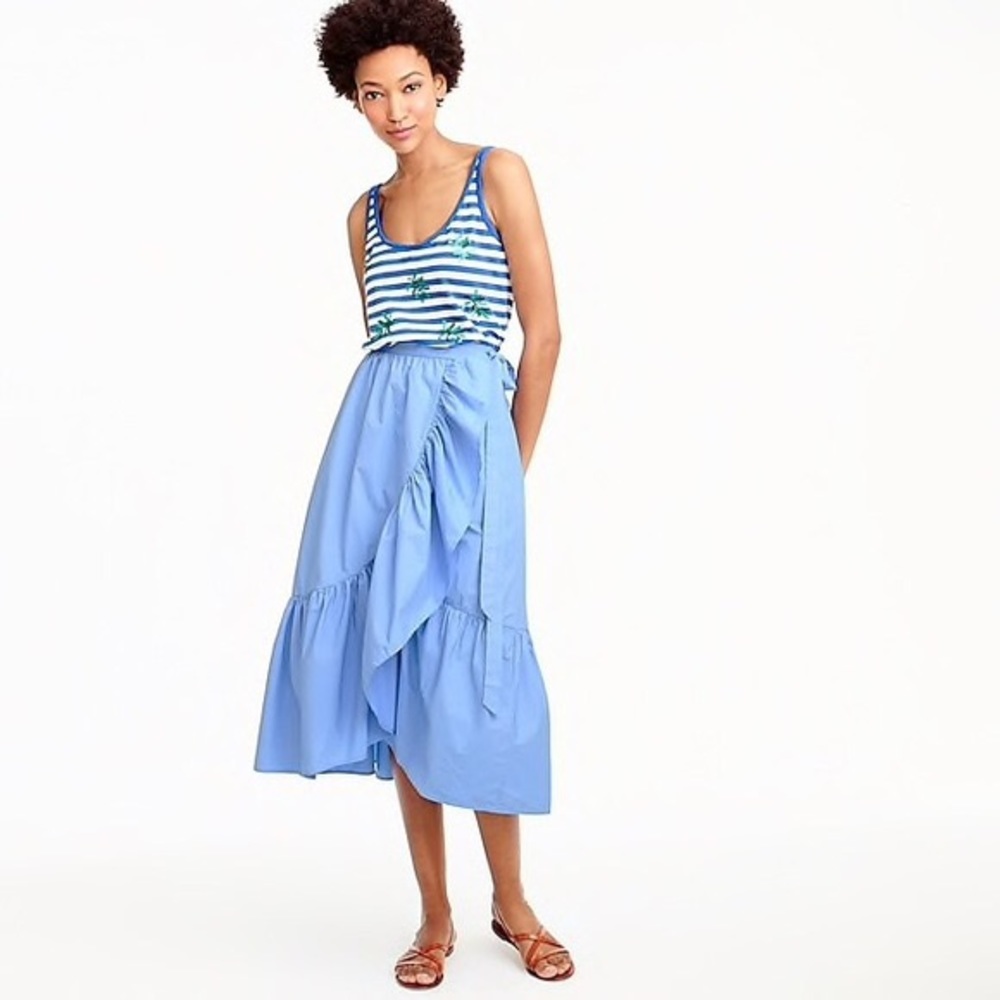 J Crew ruffle wrap skirt blue cotton poplin S 4